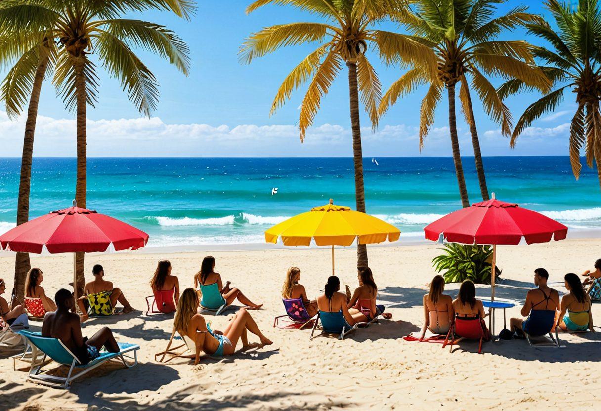 A vibrant beach scene featuring diverse individuals in stylish bikinis, ranging from classic designs to trendy patterns, basking under the sun. Include colorful beach umbrellas, exotic palm trees, and a sparkling ocean in the background. Capture the joyful atmosphere with people playing beach volleyball and sunbathing. The overall vibe should evoke a sense of fun, freedom, and summer relaxation. Summer vibes, vibrant colors, beach aesthetic.